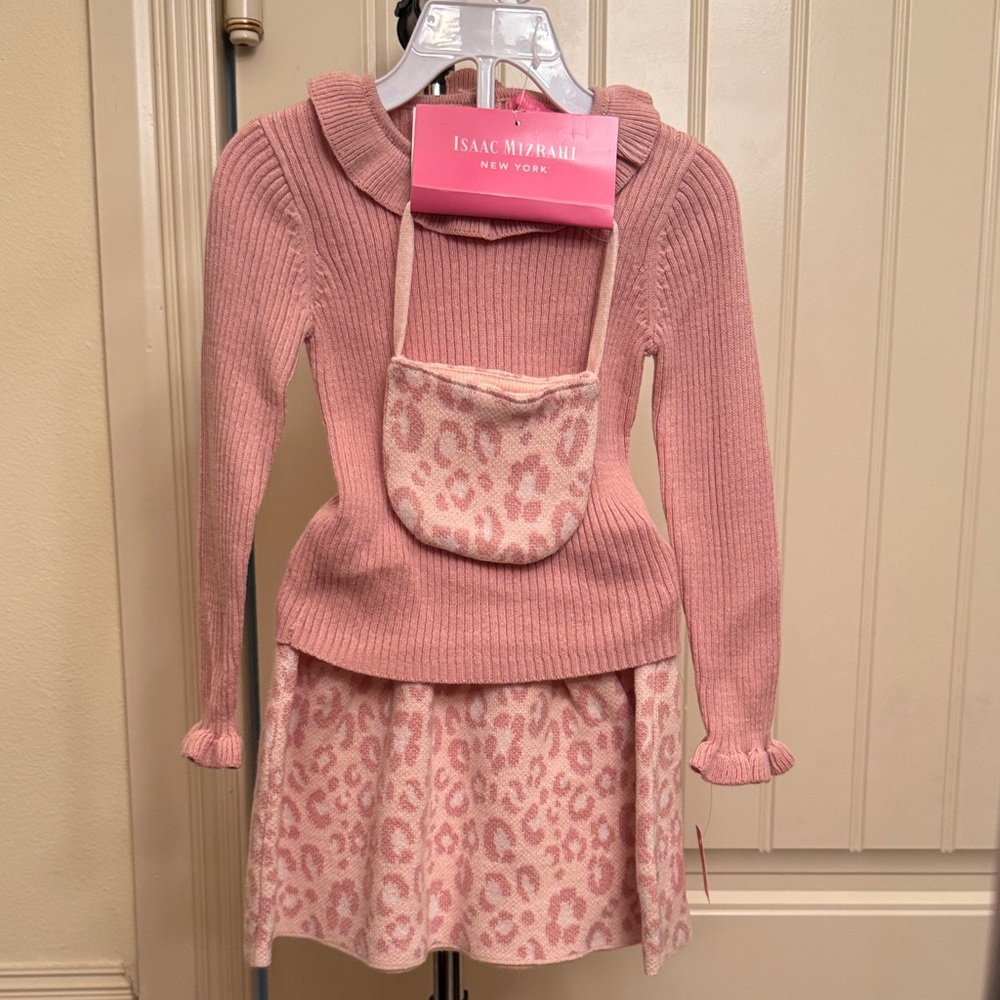 Isaac Mizrahi 3 piece Girls Blush Leopard Knit Sweater/Skirt/Purse set -Sz 3T
